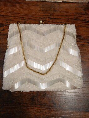 VTG White Seed Micro Bead Sequin Purse Evening Bag Clutch HM Hong Kong